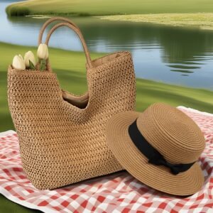 1pc 2pcs set womens shoulder straw woven bag fashionable sun